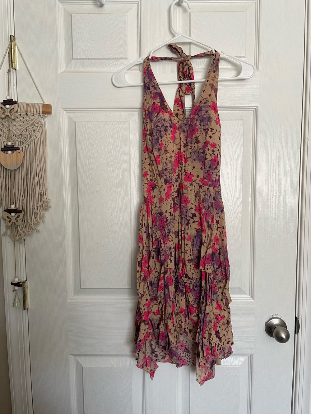 As U Wish Women’s size M Tall Floral Halter Sundress in Tan with Pink & Purple